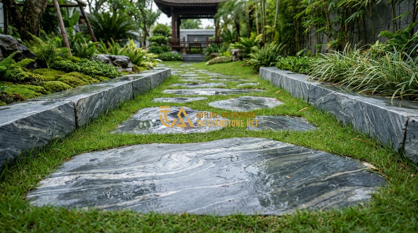 Tạo ảnh tiếng Anh: A luxury garden pathway with split stone walls on the sides and large natural stepping stones embedded in the green grass. The stone textures are wet after rain, showing deep colors. Professional landscape photography.