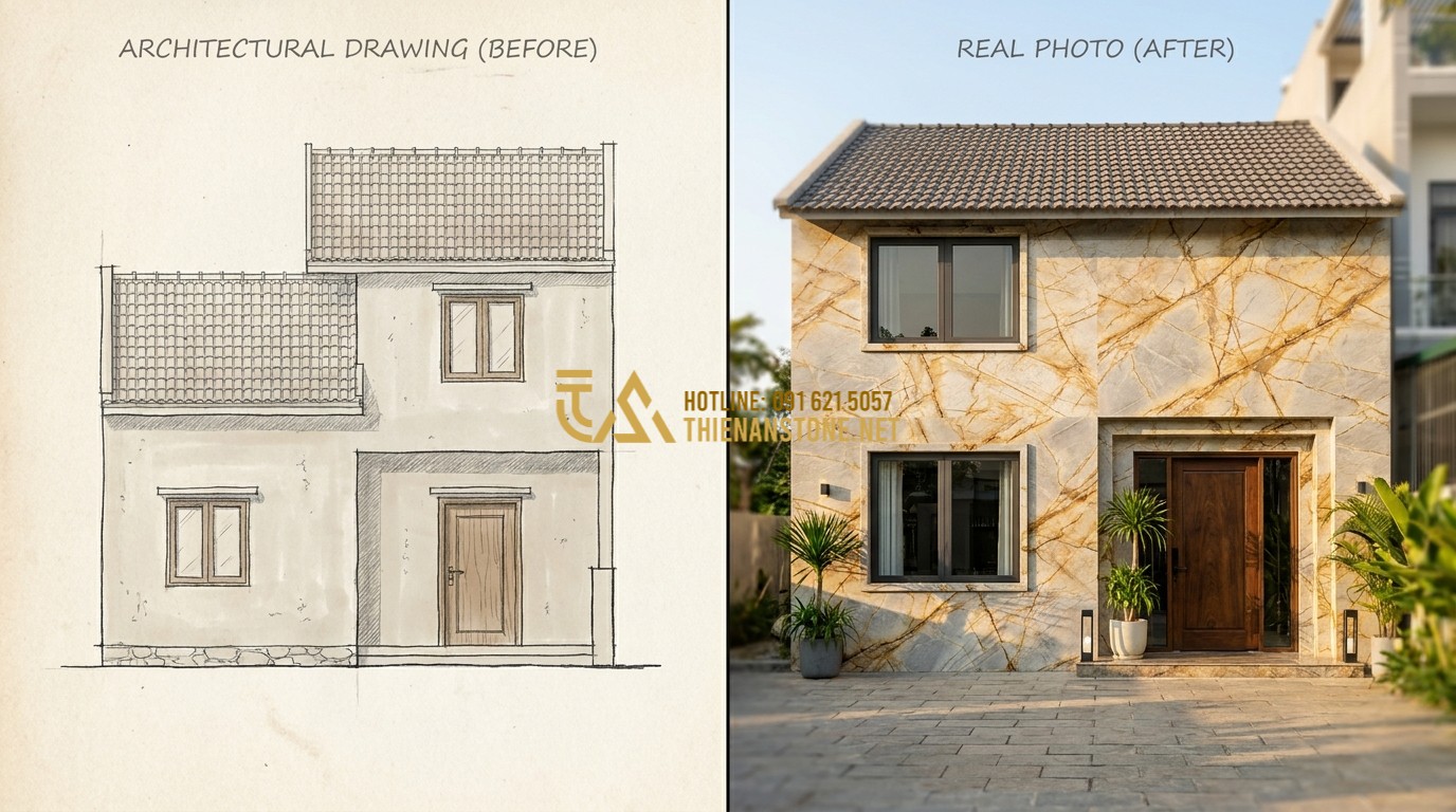 Tạo ảnh tiếng Anh: An architectural drawing and a real photo comparison showing a house facade before and after being clad with premium split stone. The "after" photo shows a significant increase in luxury and aesthetic value. High-end real estate concept.