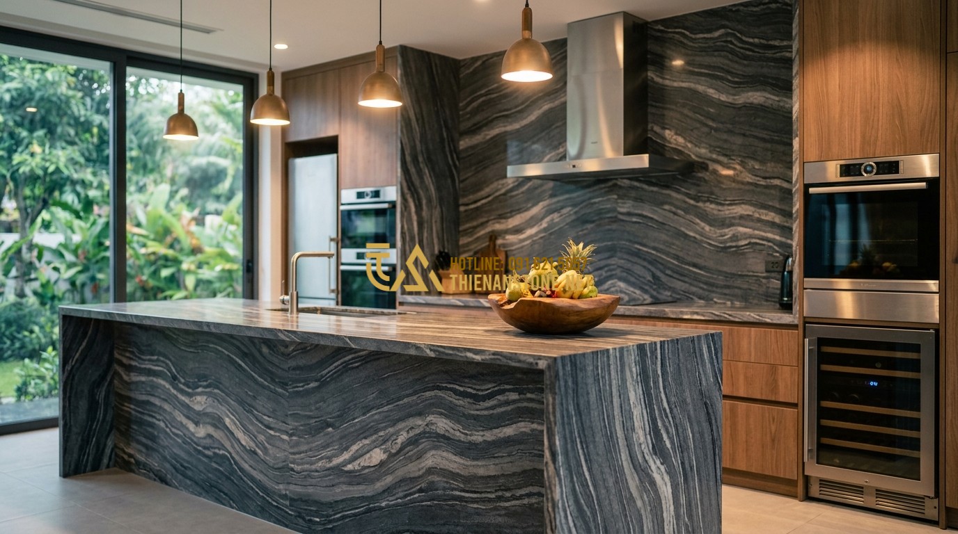 Tạo ảnh tiếng Anh: A modern kitchen island and back wall clad in grey split stone. The surface is clean and reflects a soft warm light from pendant lamps. The integration of stone and modern appliances looks seamless and high-end.