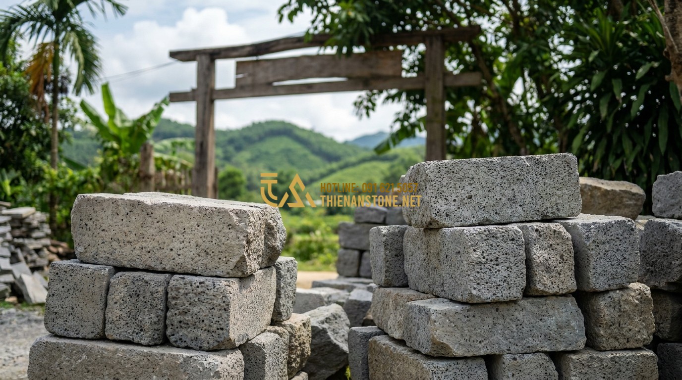 Tạo ảnh tiếng Anh: The entrance of Thien An Stone workshop in Phu Tho, Vietnam. A large sign with the logo "Thien An Stone". In the foreground, large stacks of split stones and skilled workers are visible. The background shows beautiful green hills.