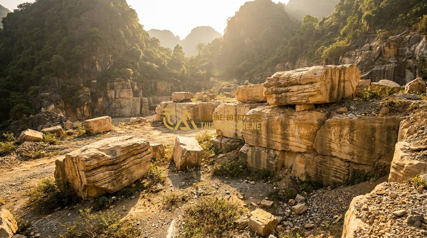 Tạo ảnh tiếng Anh: A high-quality, professional photograph of a natural stone quarry in a mountain region, showing massive raw blocks of Ancient Stone (Đá Cổ Thạch) with distinct golden-yellow sedimentary layers. The sunlight hits the textures, revealing millions of years of geological history. Cinematic lighting, 8k resolution.