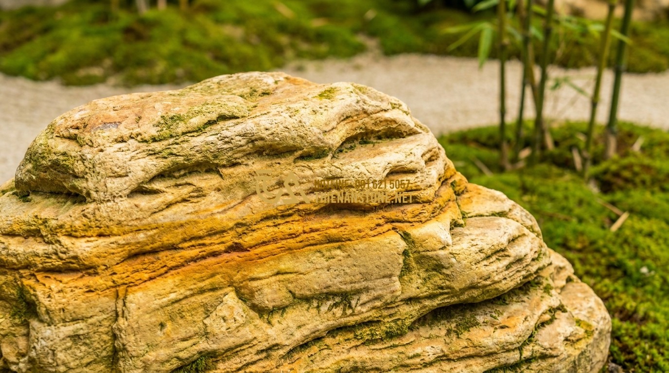 Tạo ảnh tiếng Anh: Close-up of a single ancient stone with prominent yellow and orange sedimentary veins. The surface is textured with natural ridges and grooves. Background is a blurred Zen garden with green moss, professional macro photography style.