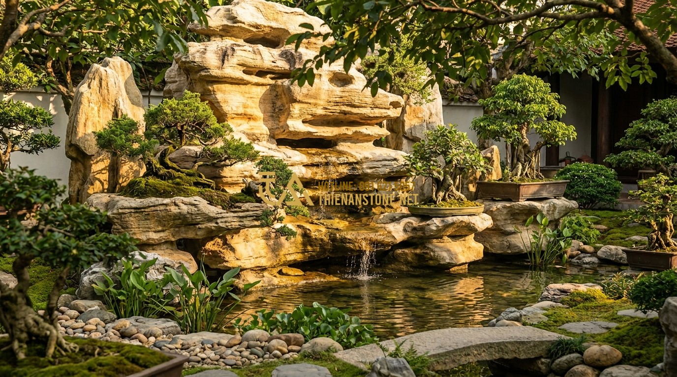 Tạo ảnh tiếng Anh: A grand miniature mountain (Hon Non Bo) crafted from high-quality ancient stone. Water flows gently through the golden stone crevices into a clear pond. Small bonsai trees grow on the stone ledges. The composition follows traditional Feng Shui principles, cinematic outdoor lighting.