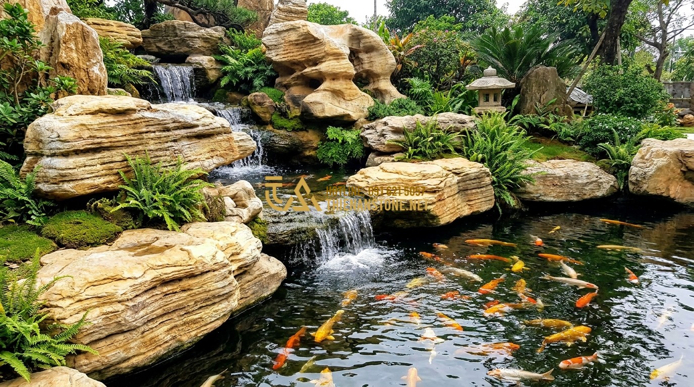 Tạo ảnh tiếng Anh: A stunning Koi pond surrounded by large ancient stones forming a naturalistic waterfall. Brightly colored Koi fish swim in crystal clear water. Lush green ferns and moss are tucked between the yellow rocks. Professional landscape photography, peaceful atmosphere.