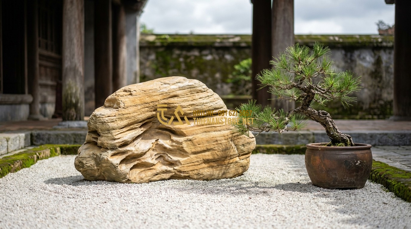 Tạo ảnh tiếng Anh: A minimalist Zen garden feature with a prominent ancient stone placed on a bed of fine white sand. A small, twisted bonsai pine tree stands beside the stone. Soft morning shadows, Japanese garden aesthetic, calm and meditative feel.