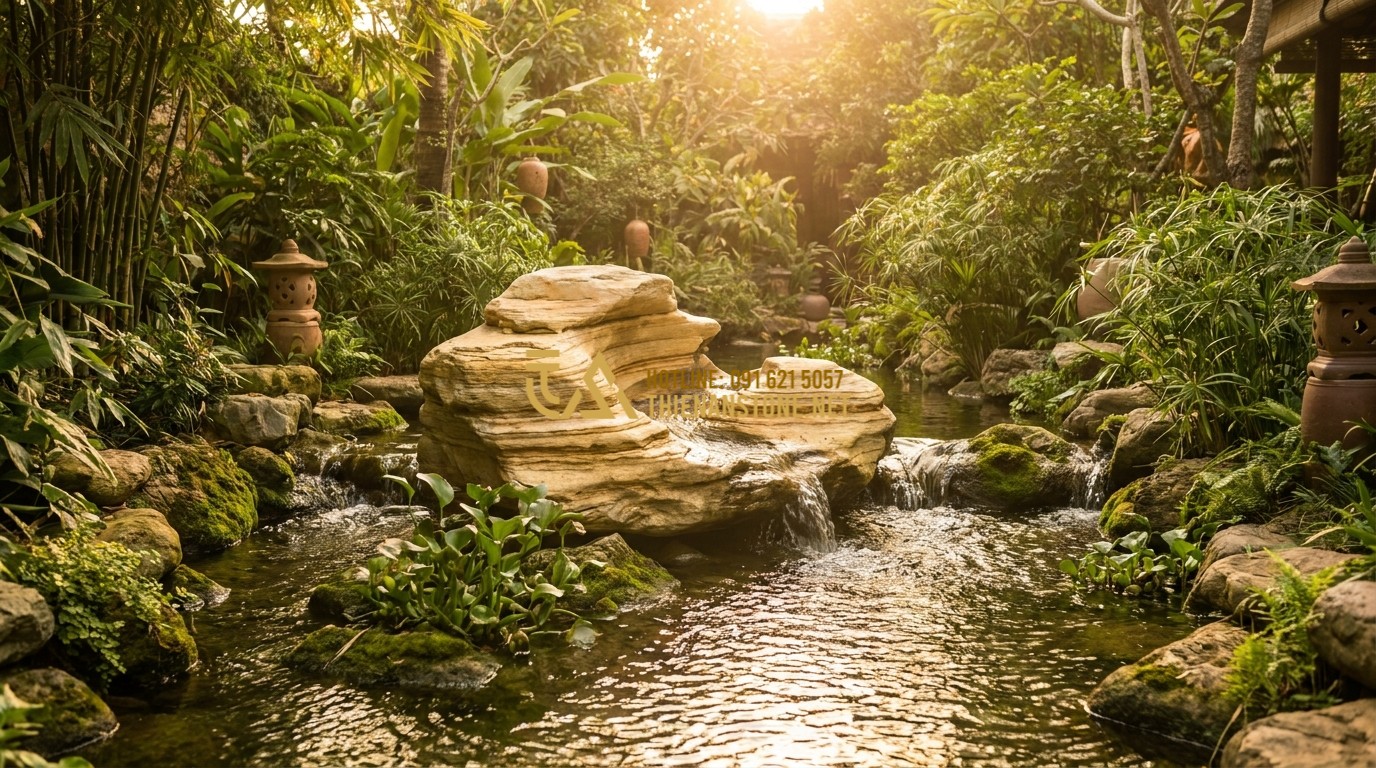 Tạo ảnh tiếng Anh: A conceptual image representing Feng Shui balance with an ancient stone in a garden. Elements of flowing water, green plants, and golden light symbolize prosperity and energy flow. Warm, inviting, and spiritual atmosphere.