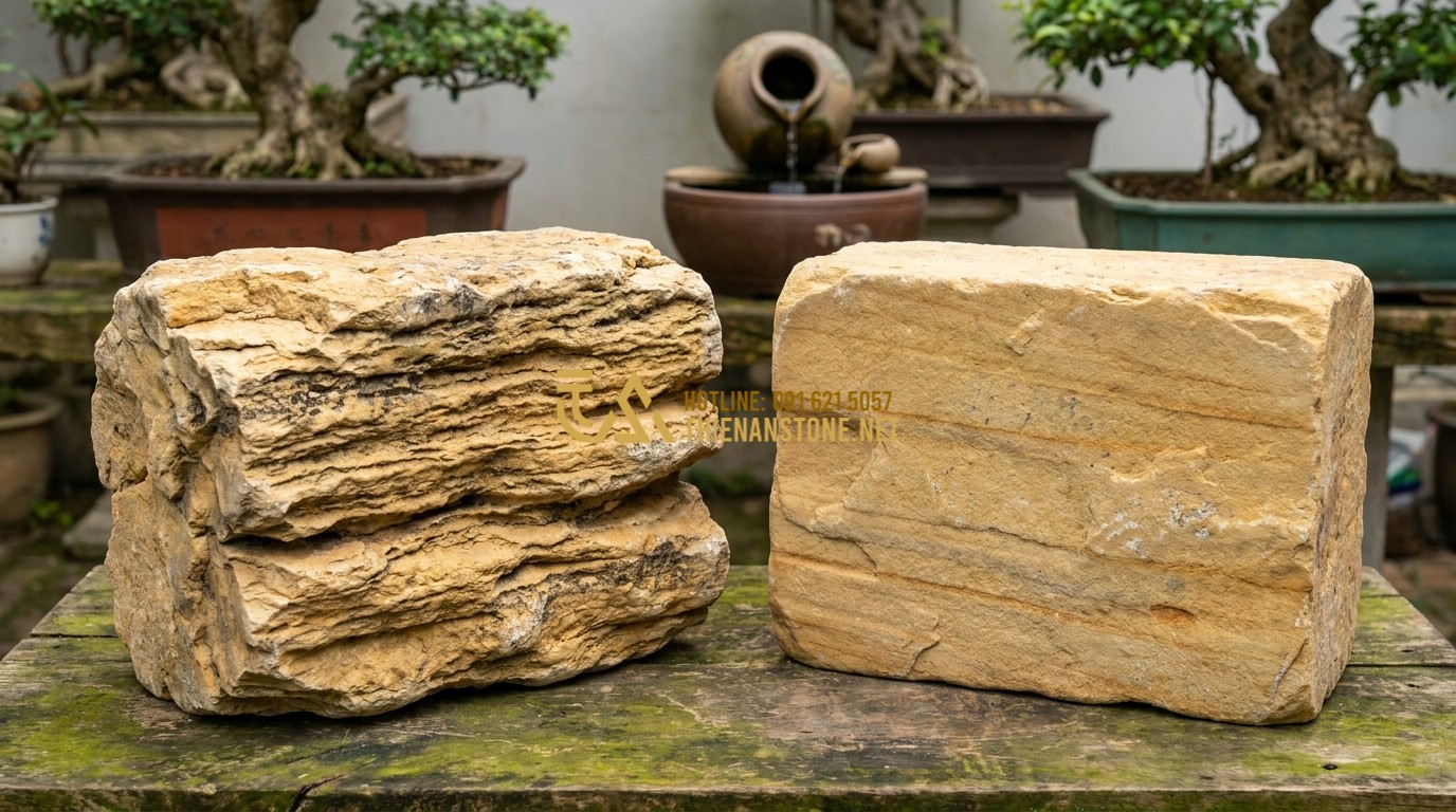 Tạo ảnh tiếng Anh: A side-by-side comparison of different types of stones, showing the unique layered texture of authentic ancient stone versus other common stones. High detail on the mineral grains and color variations, professional educational style.