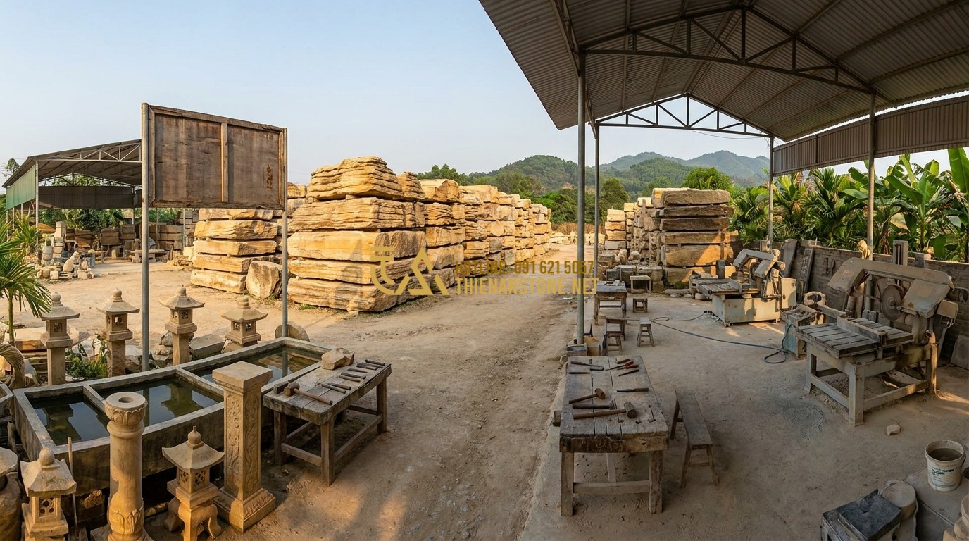 Tạo ảnh tiếng Anh: A panoramic shot of the Thien An Stone workshop (Xưởng Đá Mỹ Nghệ Thiên An) in Phu Tho province. Massive blocks of natural stones are neatly organized. Workers are busy with traditional tools and modern machinery. The atmosphere is grand, professional, and full of cultural heritage. 8k resolution.