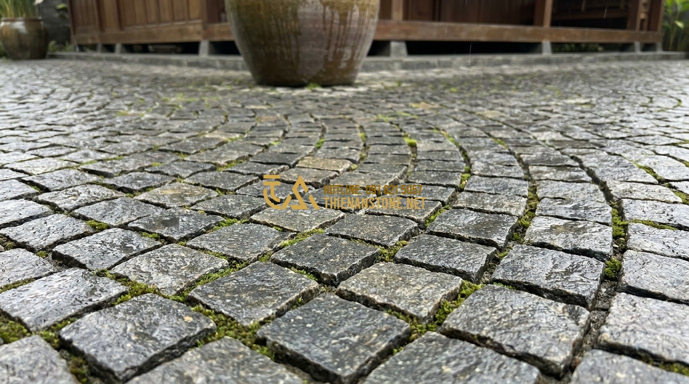 Tạo ảnh tiếng Anh: Close-up shot of hand-chiseled cubic stones laid in a beautiful fan pattern on a luxury villa driveway. The stones are wet from light rain, highlighting their natural grey and black mineral textures. Green moss subtly grows in the gaps between stones, conveying an ancient, organic feeling, architectural photography style.