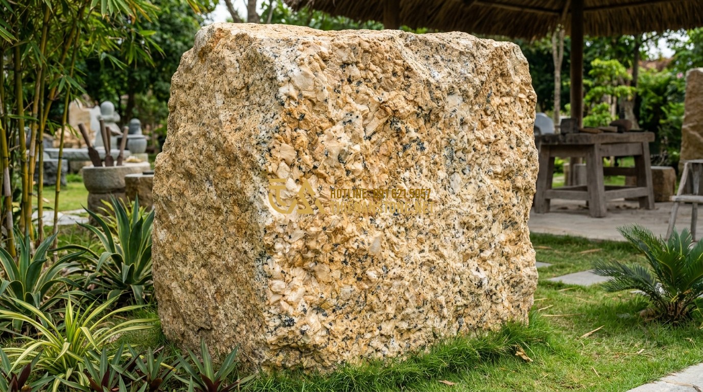 Tạo ảnh tiếng Anh: A collection of various granite cubic stones in different colors like light grey, salt and pepper white, and golden yellow. The stones are displayed on a wooden table in a workshop setting, with artisan tools in the background. High detail on the crystalline structure of the granite, professional product photography.