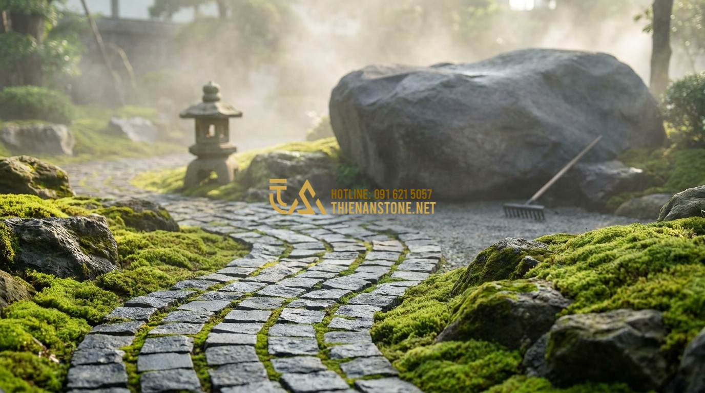 Tạo ảnh tiếng Anh: A high-end garden pathway made of dark grey basalt cubic stones. The lighting is early morning with soft mist. The path curves through a lush green Japanese-style garden with a stone lantern. The contrast between the dark stones and bright green moss is striking, serene atmosphere, 8k resolution.