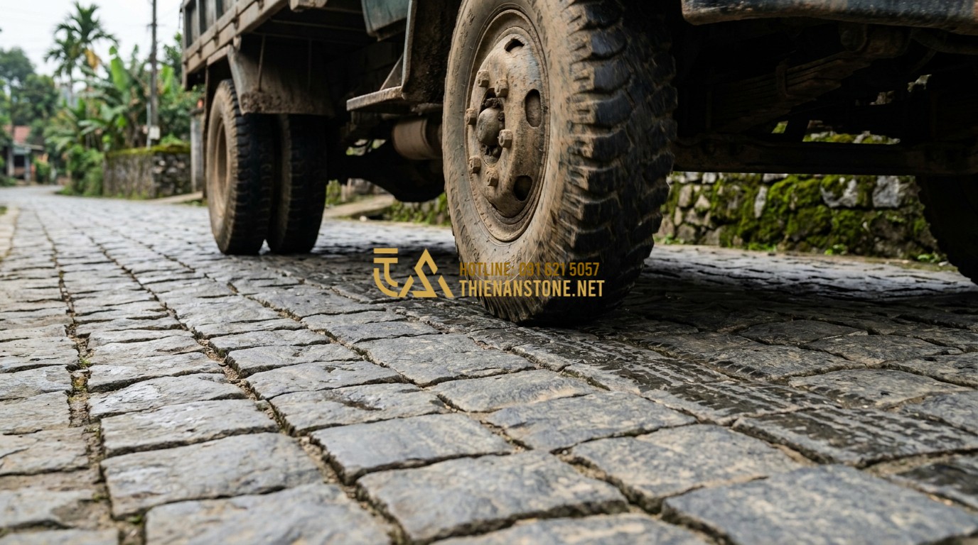 Tạo ảnh tiếng Anh: A heavy vintage truck driving slowly over a road paved with thick basalt cubic stones. The image focuses on the heavy tires making contact with the stone surface, emphasizing the strength and load-bearing capacity of the material. No cracks, no deformation, rugged and durable texture.