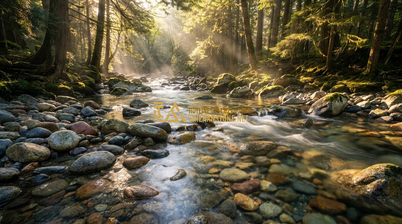 Tạo ảnh tiếng Anh: Professional landscape photography of natural river stones in a flowing stream, sunlight filtering through trees, serene and authentic atmosphere, 8k resolution.