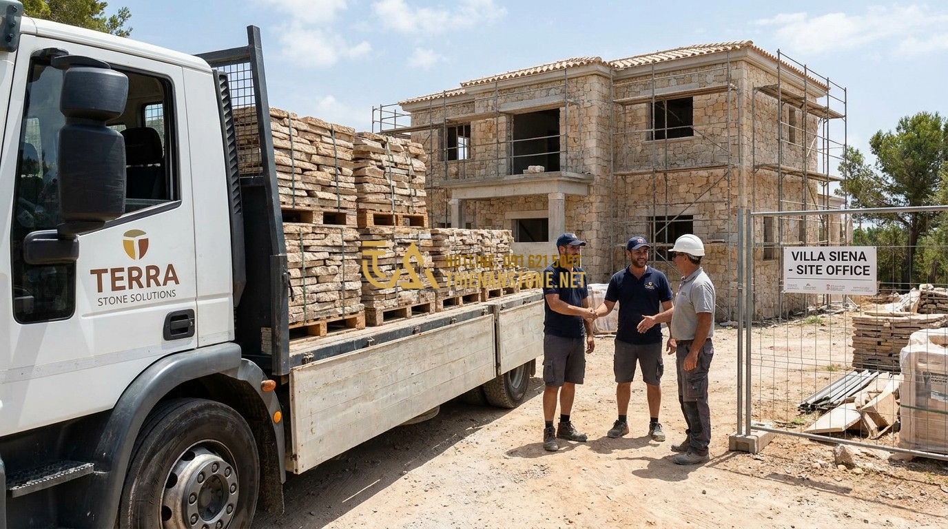 Tạo ảnh tiếng Anh: A delivery truck loaded with natural stones arriving at a beautiful villa construction site, friendly service and professional delivery.