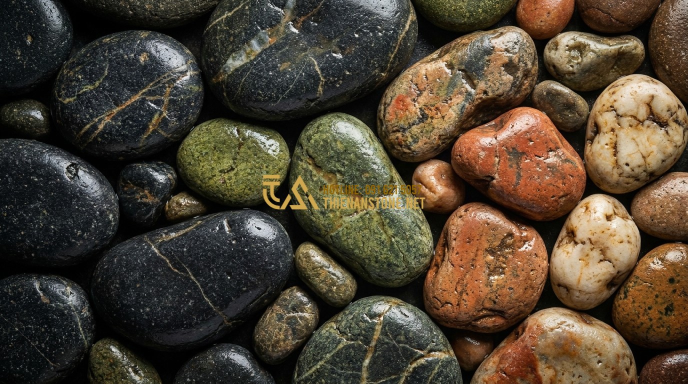Tạo ảnh tiếng Anh: Close-up shot of various sizes and colors of smooth river stones arranged aesthetically, high contrast, professional lighting, focus on textures.