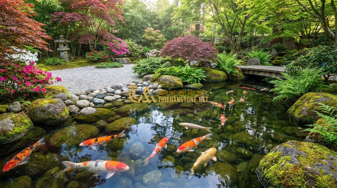 Tạo ảnh tiếng Anh: A beautiful Japanese Koi pond surrounded by smooth river stones and lush green plants, crystal clear water, peaceful Zen garden style.