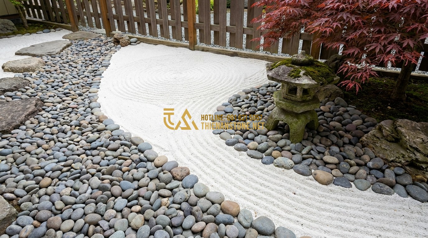 Tạo ảnh tiếng Anh: Zen garden design featuring smooth river pebbles, a small stone lantern, and carefully raked sand, minimalist and tranquil aesthetic.