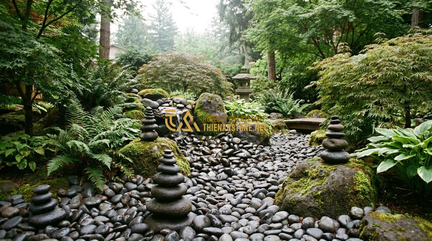 Tạo ảnh tiếng Anh: Artistic arrangement of river stones in a garden following Feng Shui principles, balancing elements of water, stone, and greenery, soft natural lighting.