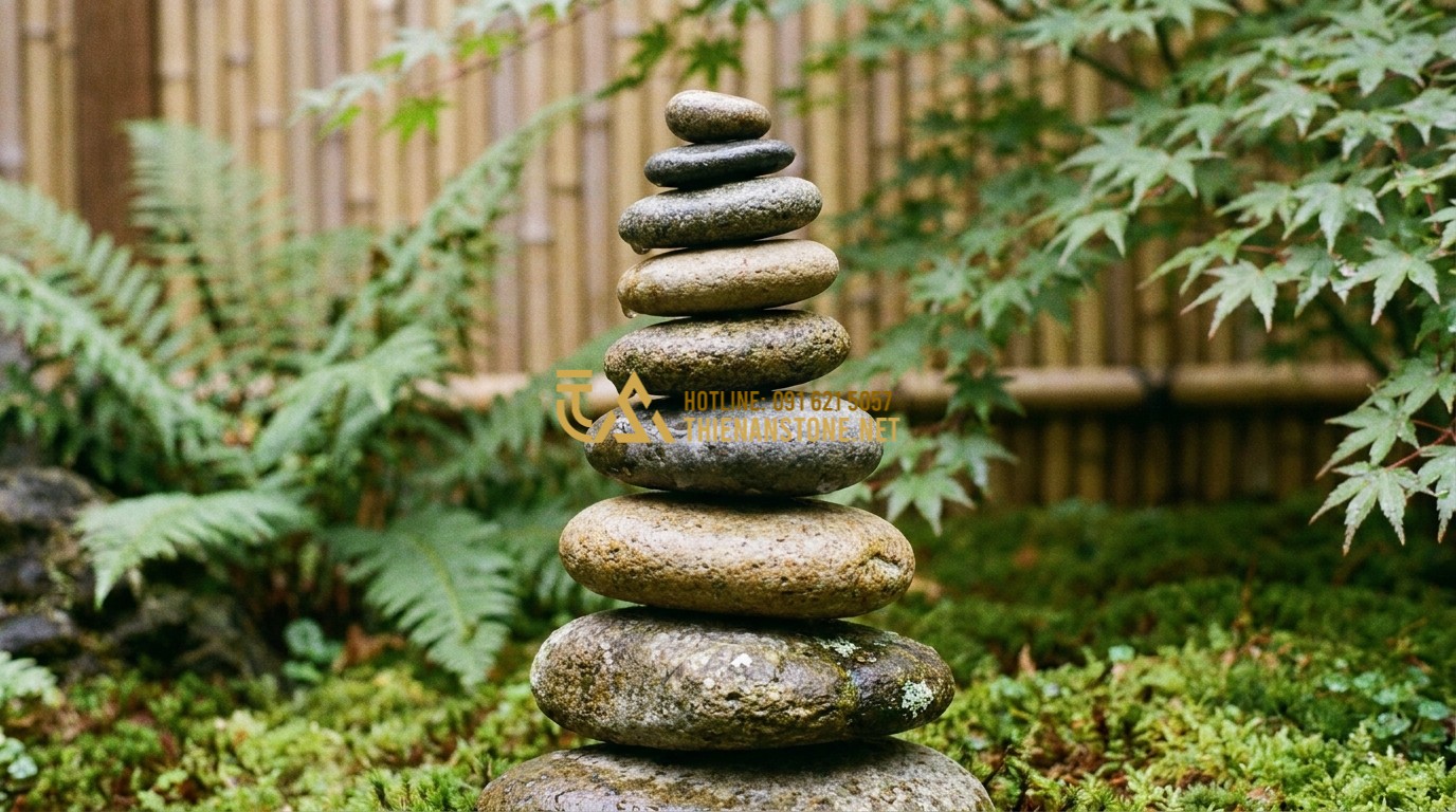 Tạo ảnh tiếng Anh: Close-up of a stone sculpture or stack of balanced river stones (cairn) in a garden setting, symbolizing stability and zen, blurred background.