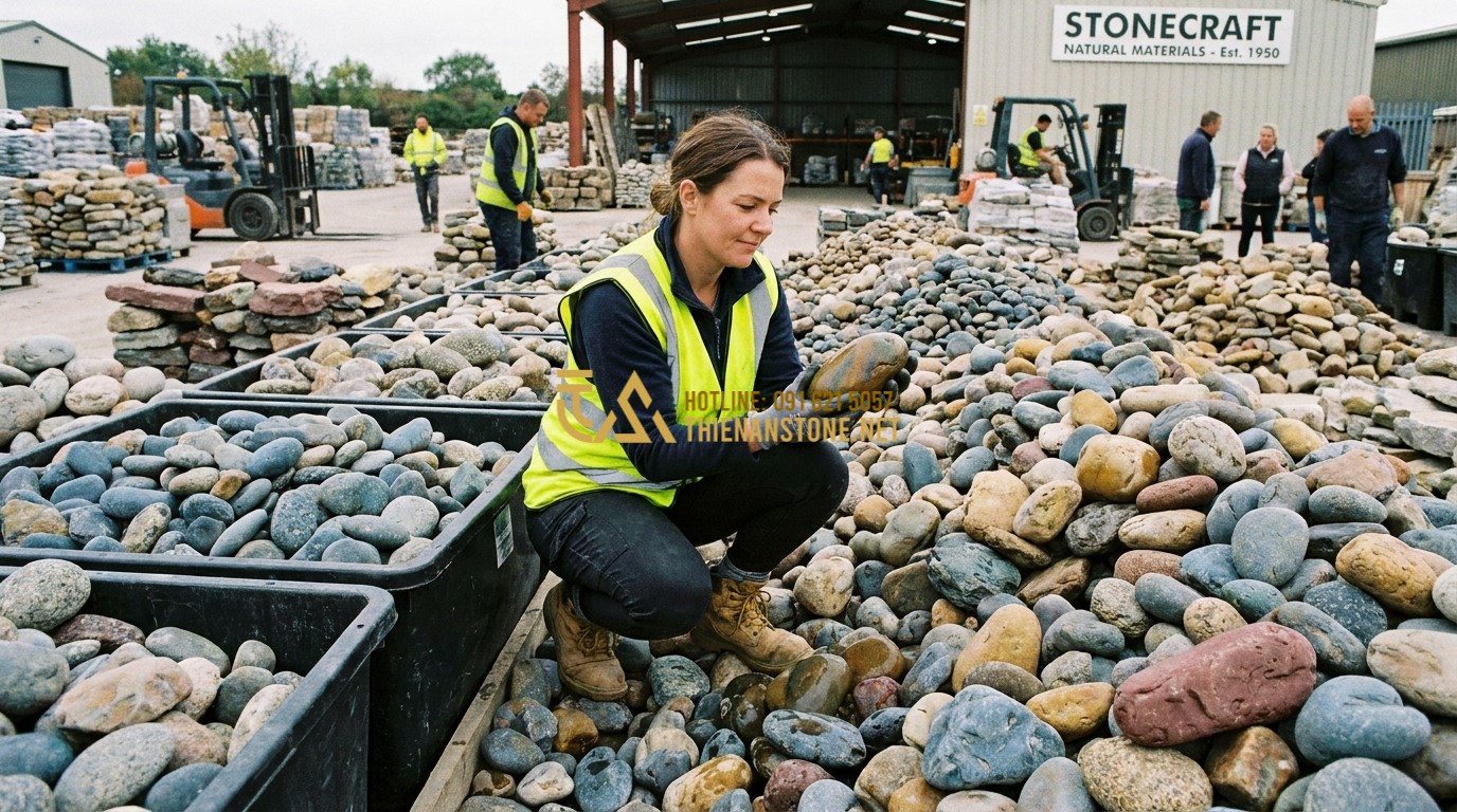 Tạo ảnh tiếng Anh: A worker selecting high-quality river stones at a stone yard, professional environment, showing the variety and texture of natural stones.
