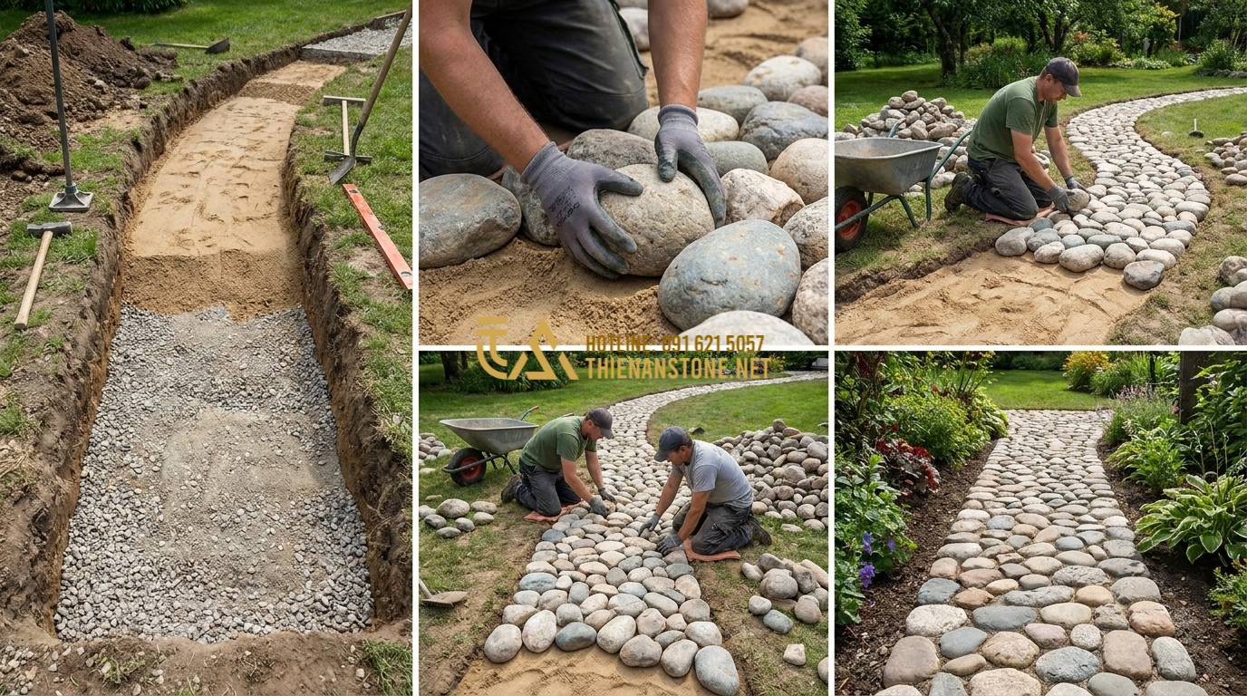 Tạo ảnh tiếng Anh: Construction process of a stone path in a garden, showing the preparation layer and careful placement of river stones, professional work.