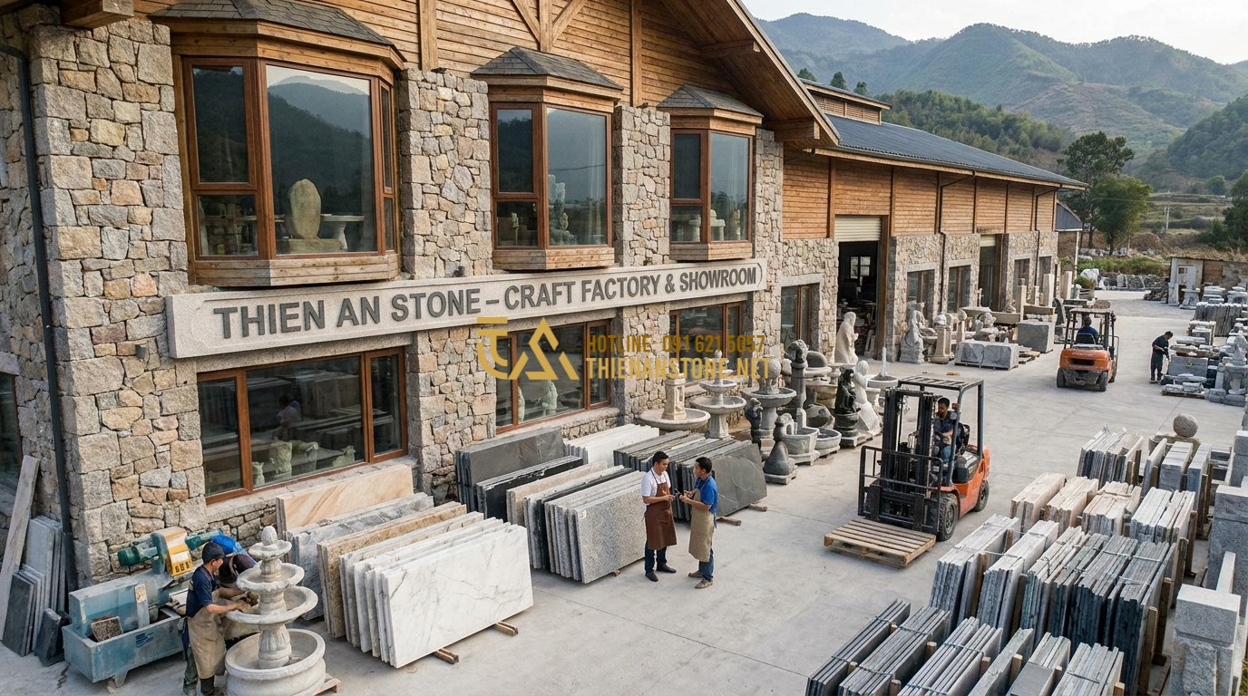 Tạo ảnh tiếng Anh: Exterior view of a large stone workshop (Thien An Stone) with various natural stones displayed, professional and organized craft factory.