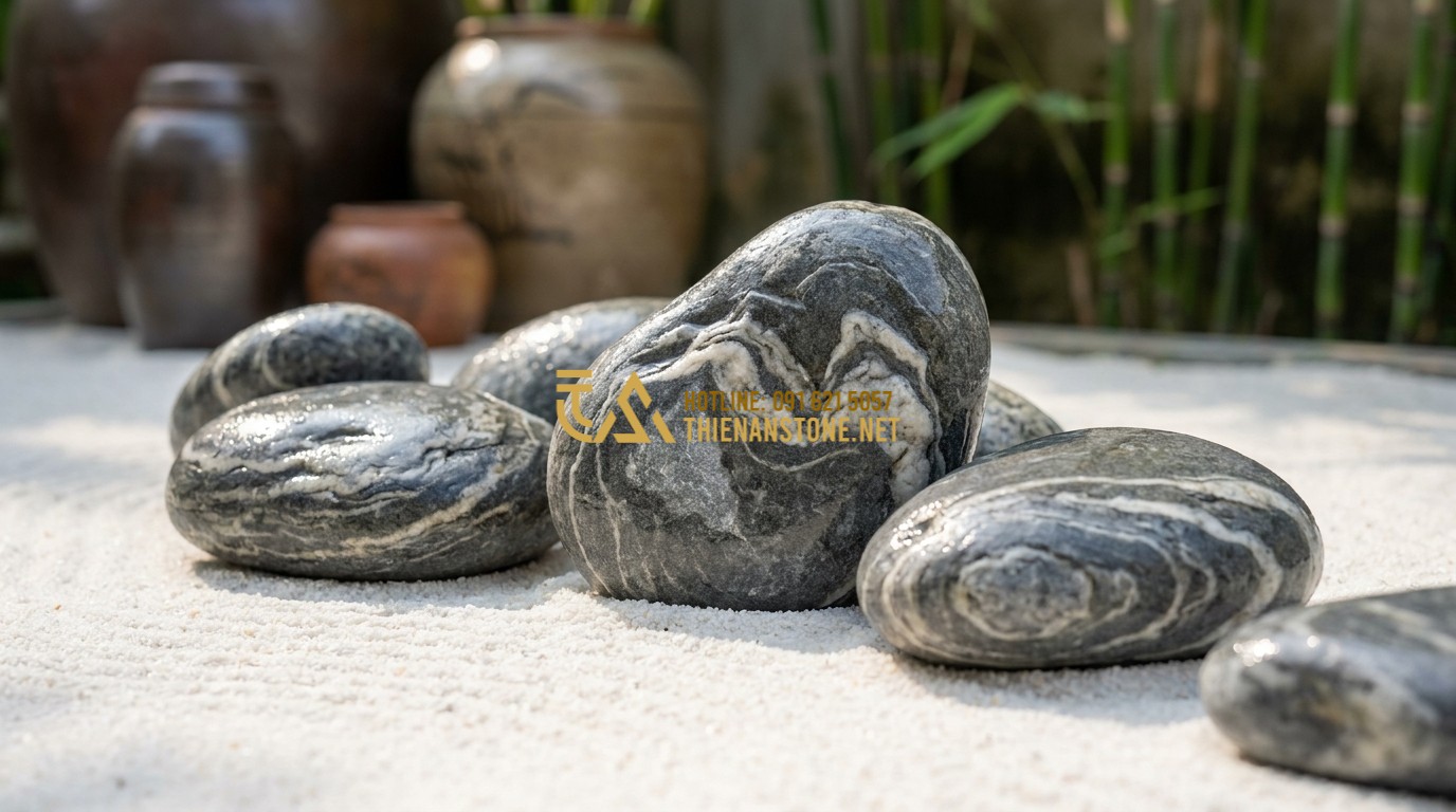 Tạo ảnh tiếng Anh: A high-quality close-up shot of several smooth, rounded grey cloud-patterned stones (da cuoi van may) with distinct white wavy veins. The stones are wet, reflecting soft natural sunlight, placed in a minimalist Zen garden setting with fine white sand. Professional architectural photography style, 8k resolution.