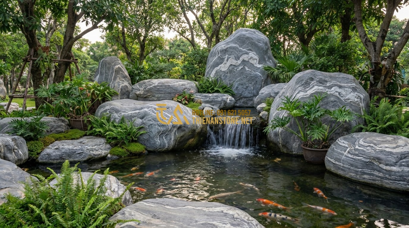 Tạo ảnh tiếng Anh: A luxury Koi pond surrounded by large, smooth cloud-patterned stones with artistic white veins. A small waterfall cascades over the rocks into the clear water where colorful Koi fish swim. Lush green ferns and moss are tucked between the stones. Professional landscape design photography, cinematic lighting.