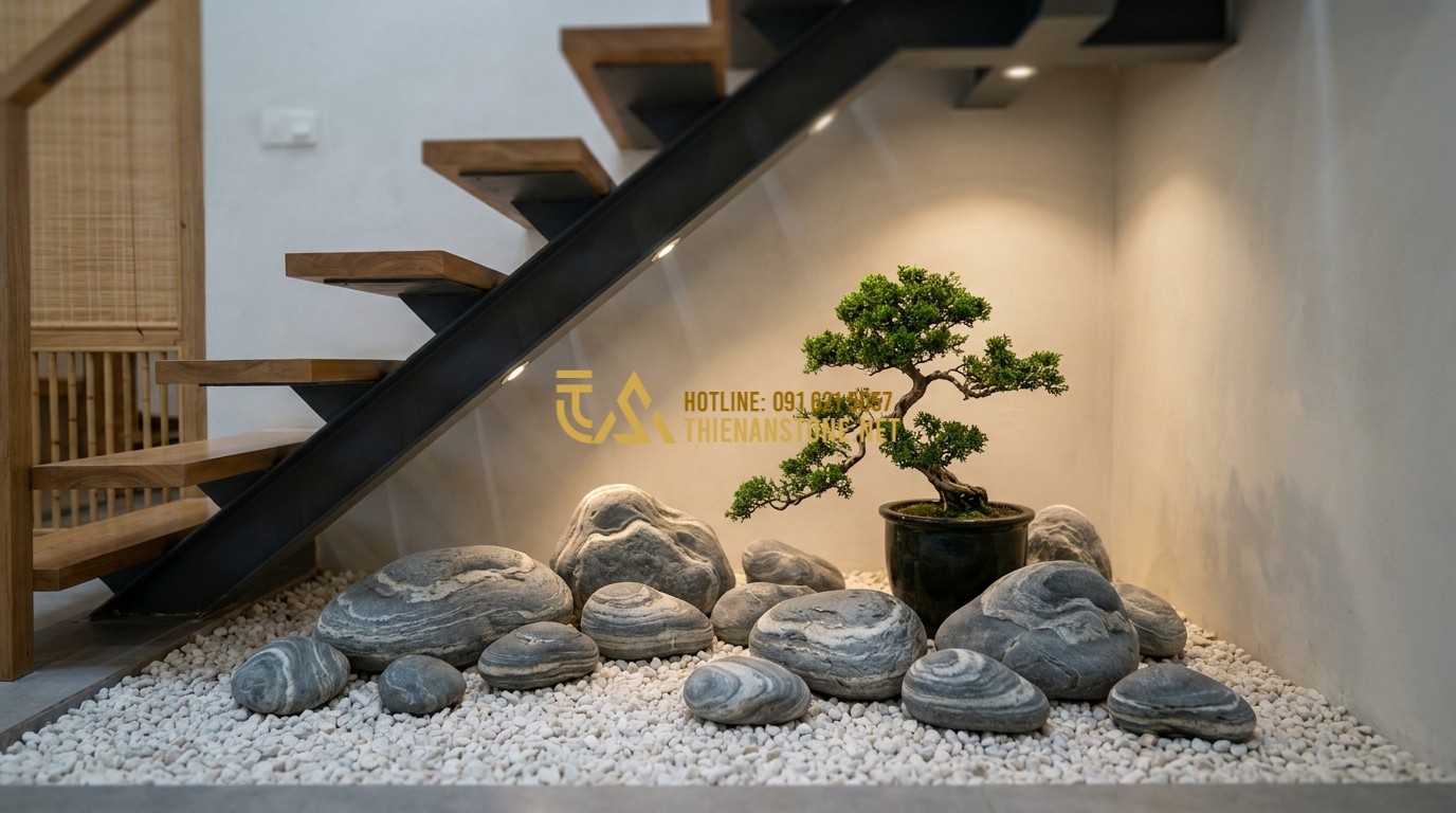 Tạo ảnh tiếng Anh: Interior small Zen corner under a modern staircase. Smooth grey cloud stones arranged on a bed of white gravel, featuring a single minimalist Bonsai tree. Soft spotlighting highlighting the textures of the stone veins. High-end interior design style, clean and peaceful atmosphere.