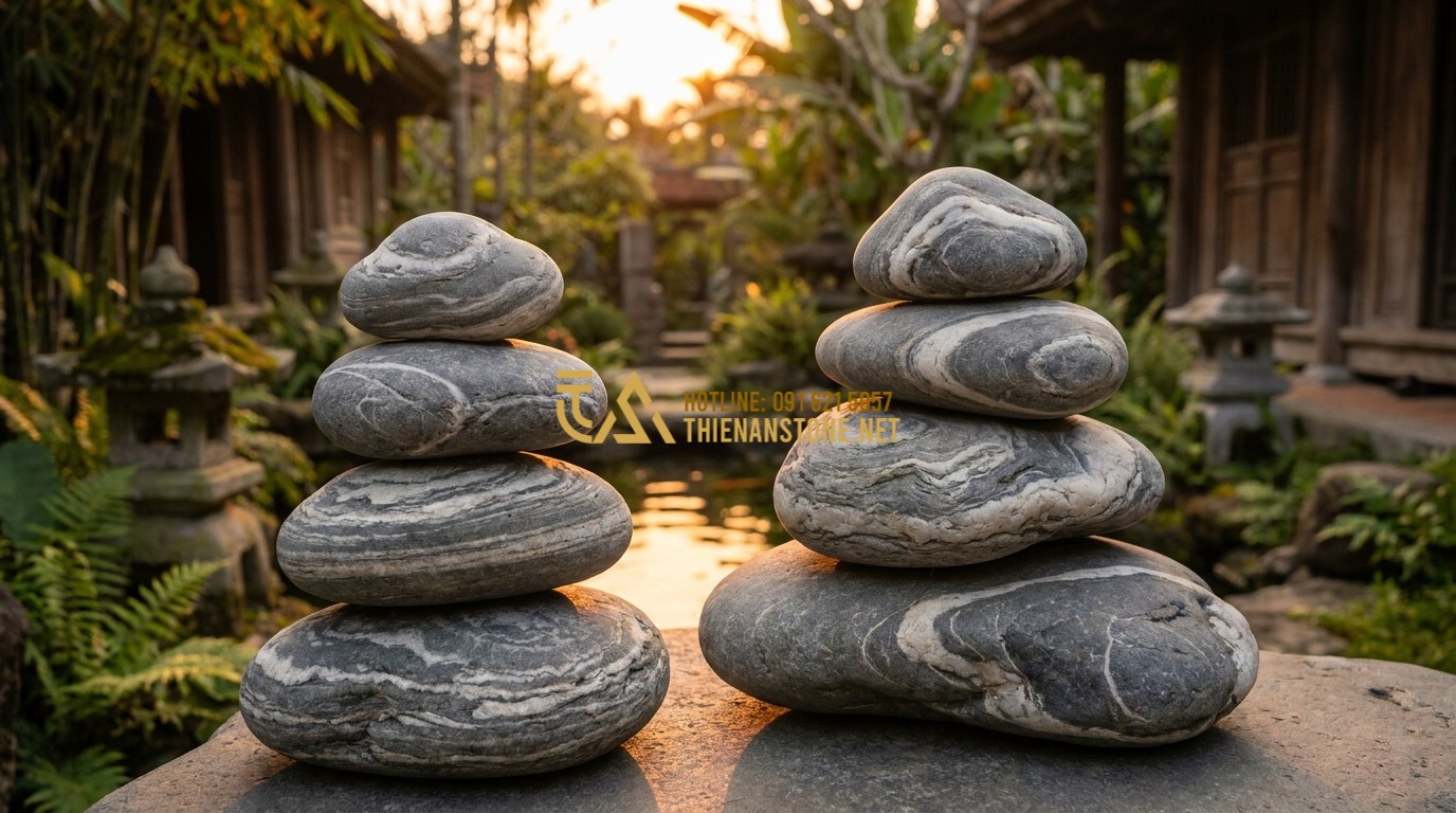 Tạo ảnh tiếng Anh: A spiritual garden scene with a stack of balanced cloud stones (Zen stones) in front of a calm background. The sun sets in the distance, casting a warm orange glow on the stone textures. Detailed veins on the stones are visible. Concept of balance, longevity, and peace. Professional photography.