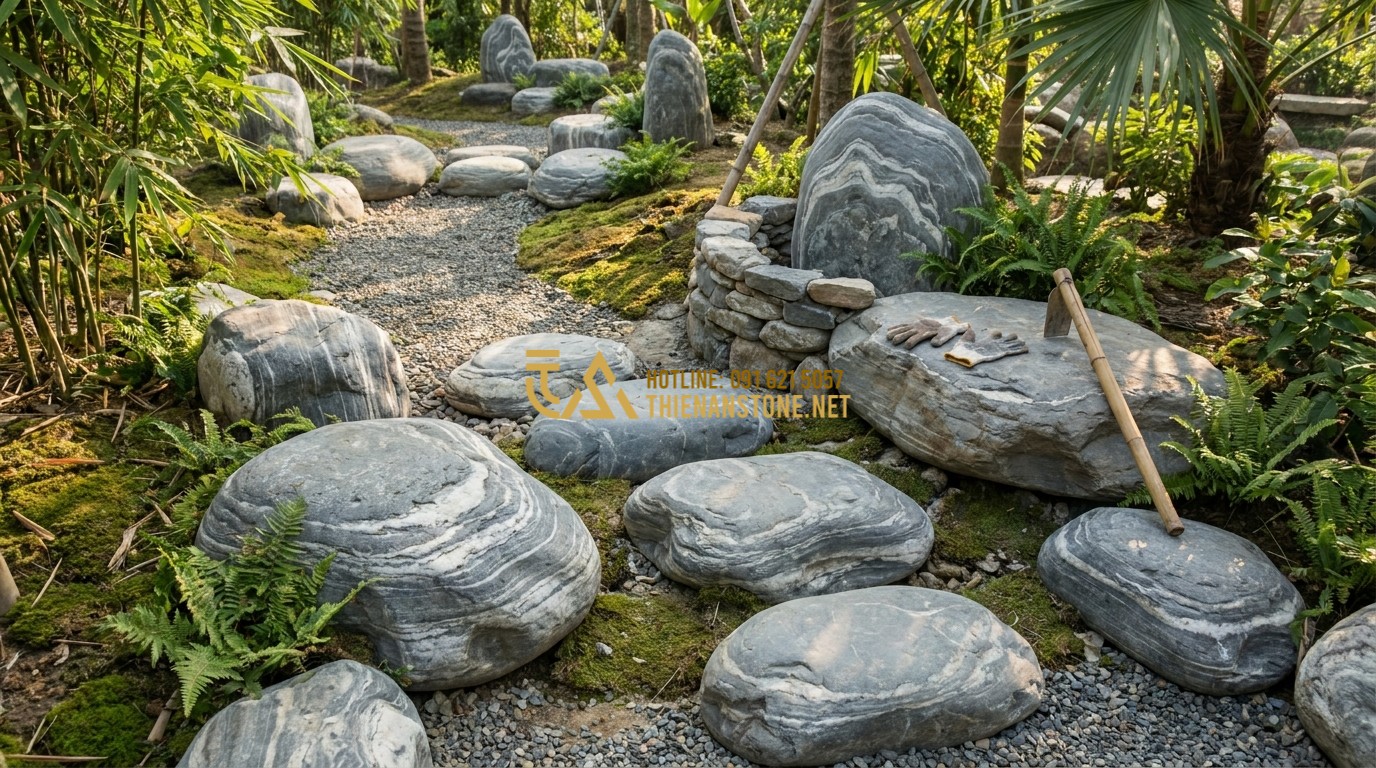 Tạo ảnh tiếng Anh: A professional worker carefully arranging large cloud-patterned stones in a garden landscape. The scene shows the selection process with various sizes of stones displayed. Natural outdoor setting, sunlight, focus on the texture of the stones and the craftsmanship. Professional documentary photography style.