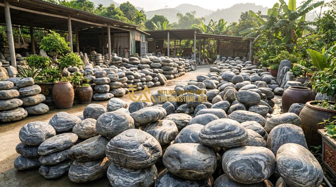 Tạo ảnh tiếng Anh: A wide shot of the Thien An Stone Craft Workshop (Xuong Da My Nghe Thien An) in Phu Tho province. Hundreds of diverse natural stones, including cloud stones and boulders, are neatly organized in a large outdoor yard. Sunlight illuminates the natural textures of the rocks. Professional industrial photography.