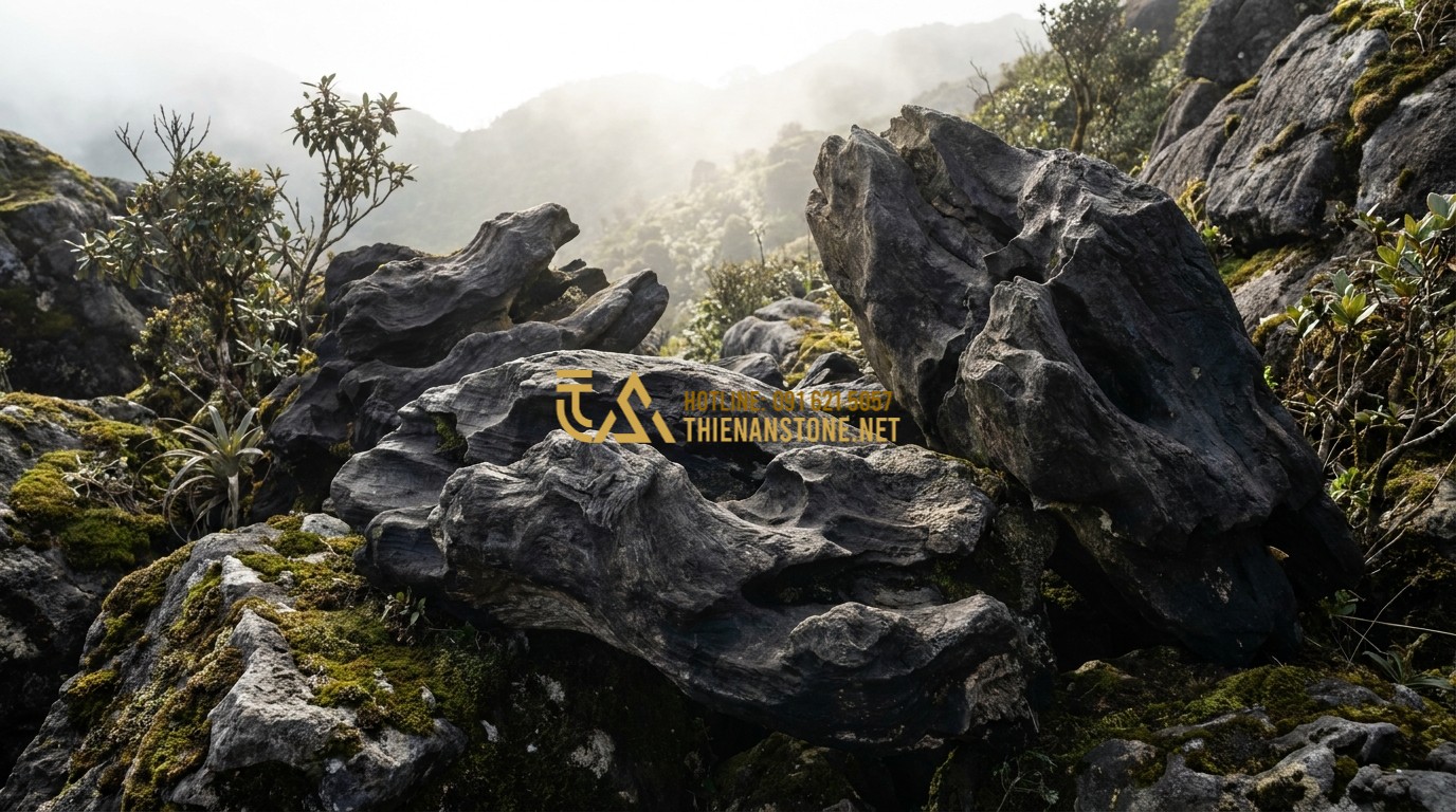 Tạo ảnh tiếng Anh: A high-quality, professional photograph of natural black driftwood stones (Đá Lũa Đen) in a rugged mountain setting. The stones feature deep crevices, organic curves, and a dark, weathered texture with subtle grey veins. Atmospheric mist in the background, cinematic lighting, 8k resolution.