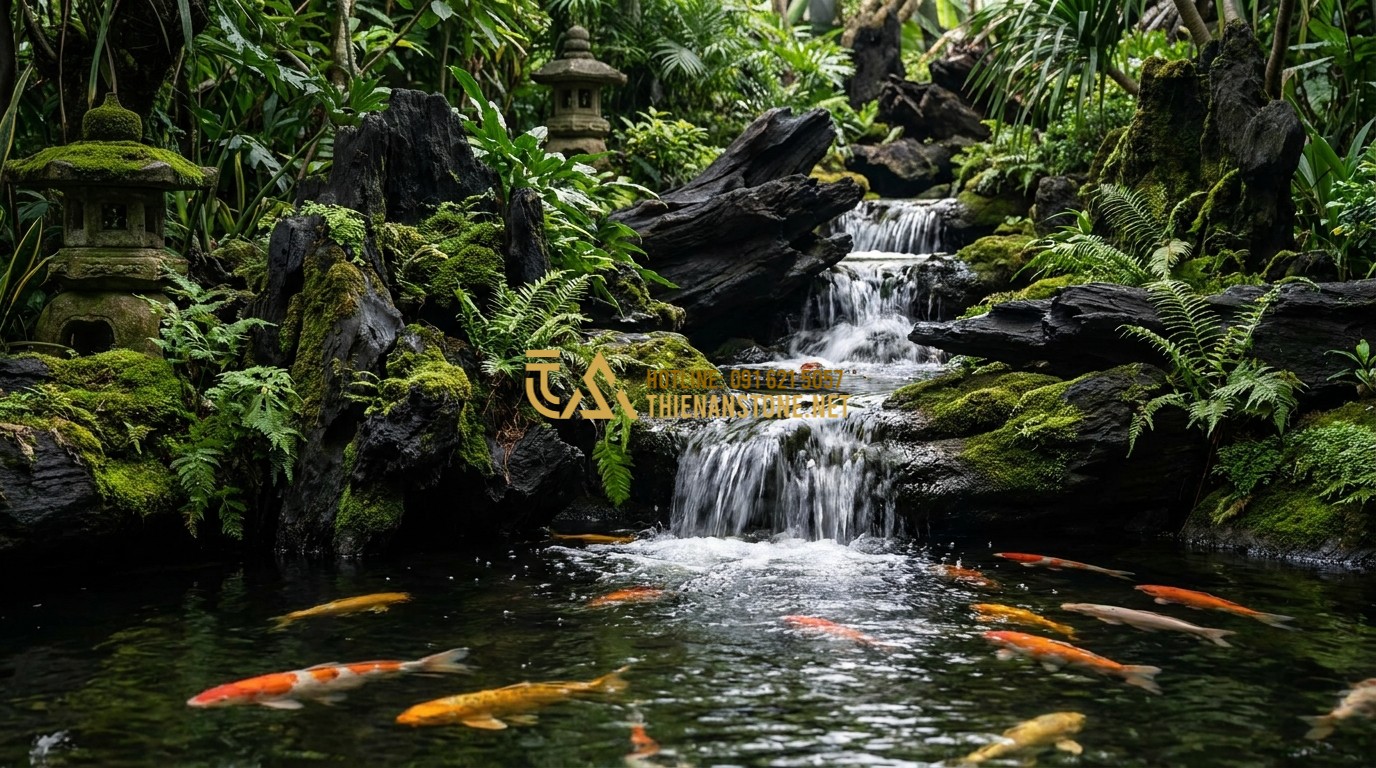 Tạo ảnh tiếng Anh: A luxurious Koi pond designed with large black driftwood stones forming a naturalistic waterfall. Brightly colored Koi fish swim in crystal clear water. Lush green moss and ferns grow in the crevices of the dark stones. Professional landscape photography, peaceful atmosphere.