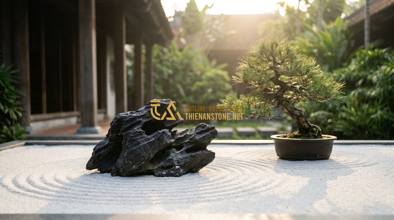 Tạo ảnh tiếng Anh: A minimalist Zen garden feature with a prominent black driftwood stone placed on a bed of fine white raked sand. A small, twisted bonsai pine tree stands beside the stone. Soft morning shadows, Japanese garden aesthetic, calm and meditative feel.