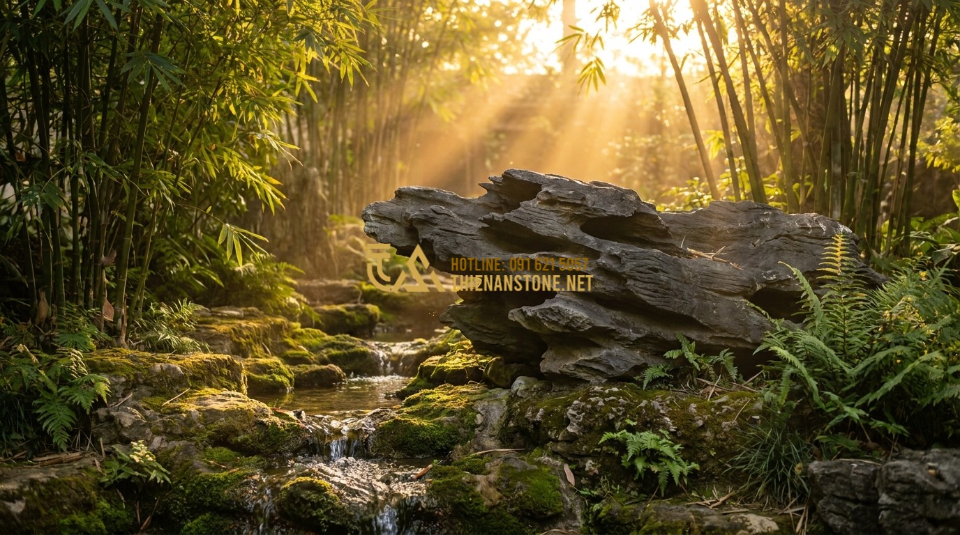 Tạo ảnh tiếng Anh: A conceptual image representing Feng Shui balance with a black driftwood stone in a garden. Elements of flowing water, green bamboo, and golden light symbolize prosperity and energy flow. Warm, inviting, and spiritual atmosphere.