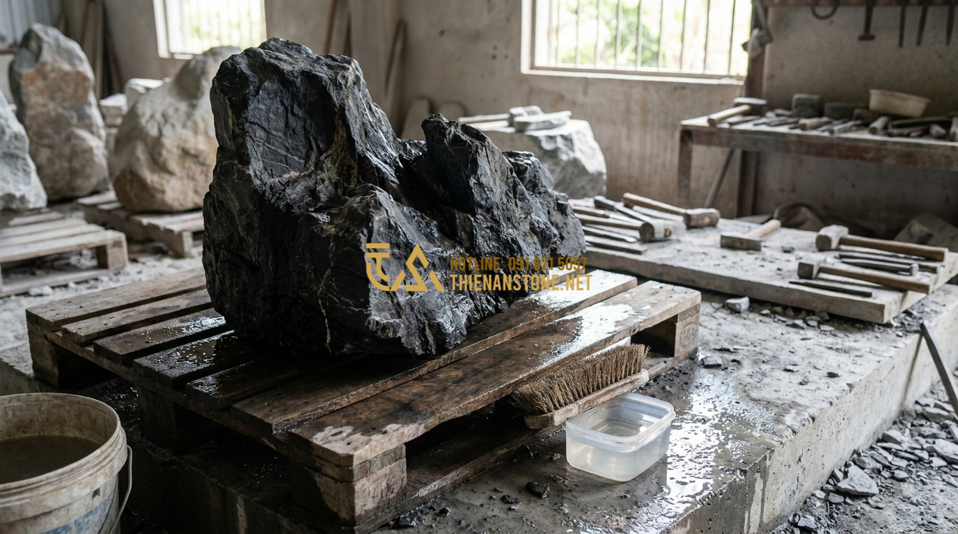 Tạo ảnh tiếng Anh: A professional stone mason at Thien An Stone workshop carefully inspecting a large, raw black driftwood stone. He is using a brush and water to reveal the true color and texture under the dust. The background shows other large stones and carving tools. Authentic workshop environment.