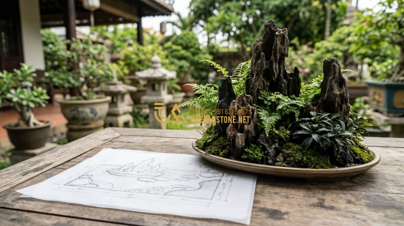 Tạo ảnh tiếng Anh: A professional landscape architect sketch beside a real-life arrangement of black driftwood stones and green plants. The scene shows the transition from a conceptual design to a completed stone garden installation. Professional, creative, and structured.