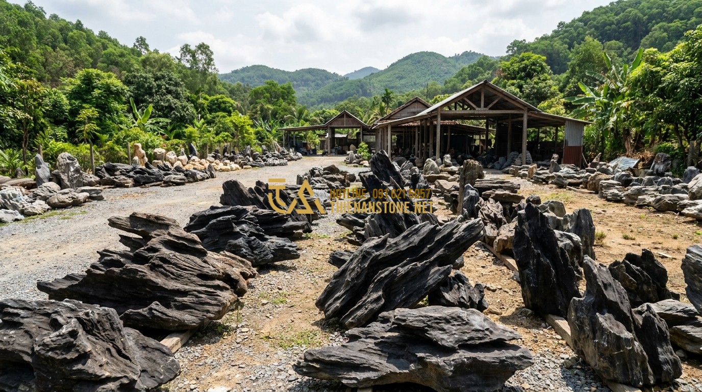 Tạo ảnh tiếng Anh: A wide shot of the Thien An Stone workshop (Xưởng Đá Mỹ Nghệ Thiên An) located in a lush valley. Massive black driftwood stones are neatly organized in the yard. Workers are seen in the distance, displaying the scale and professionalism of the operation. Bright daylight, expansive view.