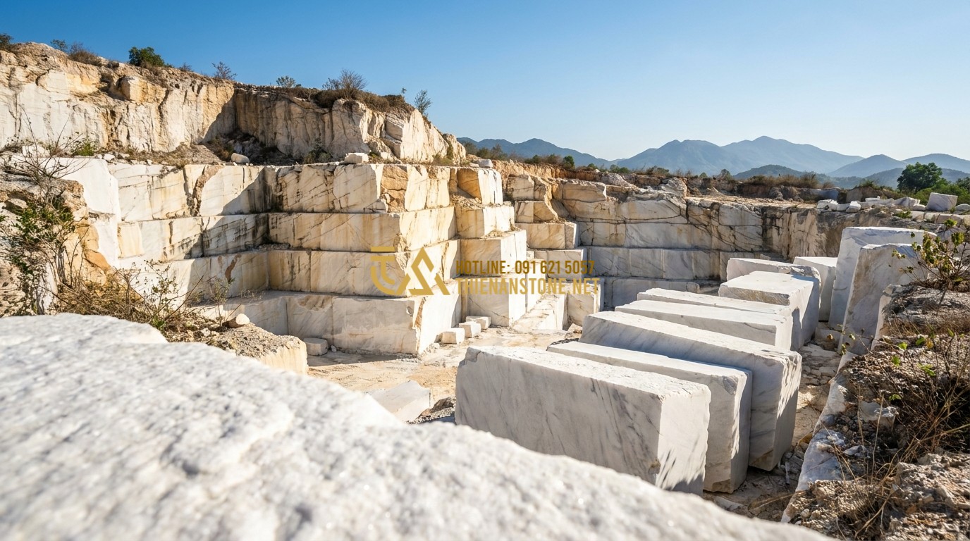 Tạo ảnh tiếng Anh: A high-quality wide shot of a natural stone quarry with massive layers of granite and marble blocks under a clear blue sky. Sunlight highlights the textures and geological formations. Professional, cinematic atmosphere, 8k resolution.