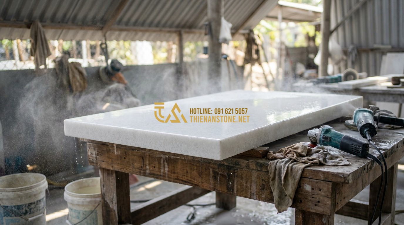 Tạo ảnh tiếng Anh: A group of skilled artisans at Thien An Stone workshop carefully hand-polishing a large stone slab. Stone dust and water spray create a dynamic work environment. Focus on craftsmanship and detail.