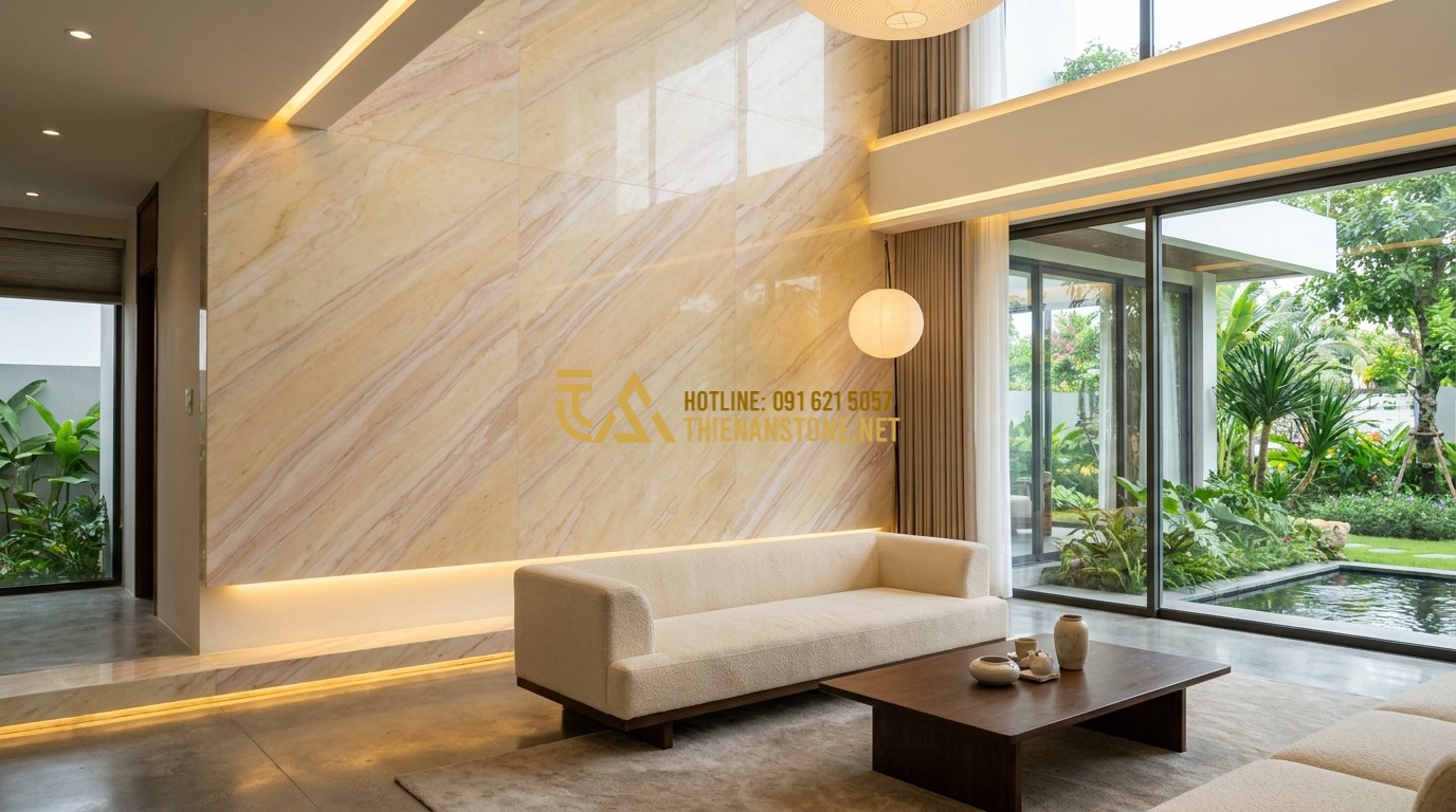 Tạo ảnh tiếng Anh: Modern luxury living room featuring a grand natural stone accent wall with intricate white and grey veins. Minimalist furniture, large glass windows showing a green garden, warm indoor lighting, high-end interior design photography.