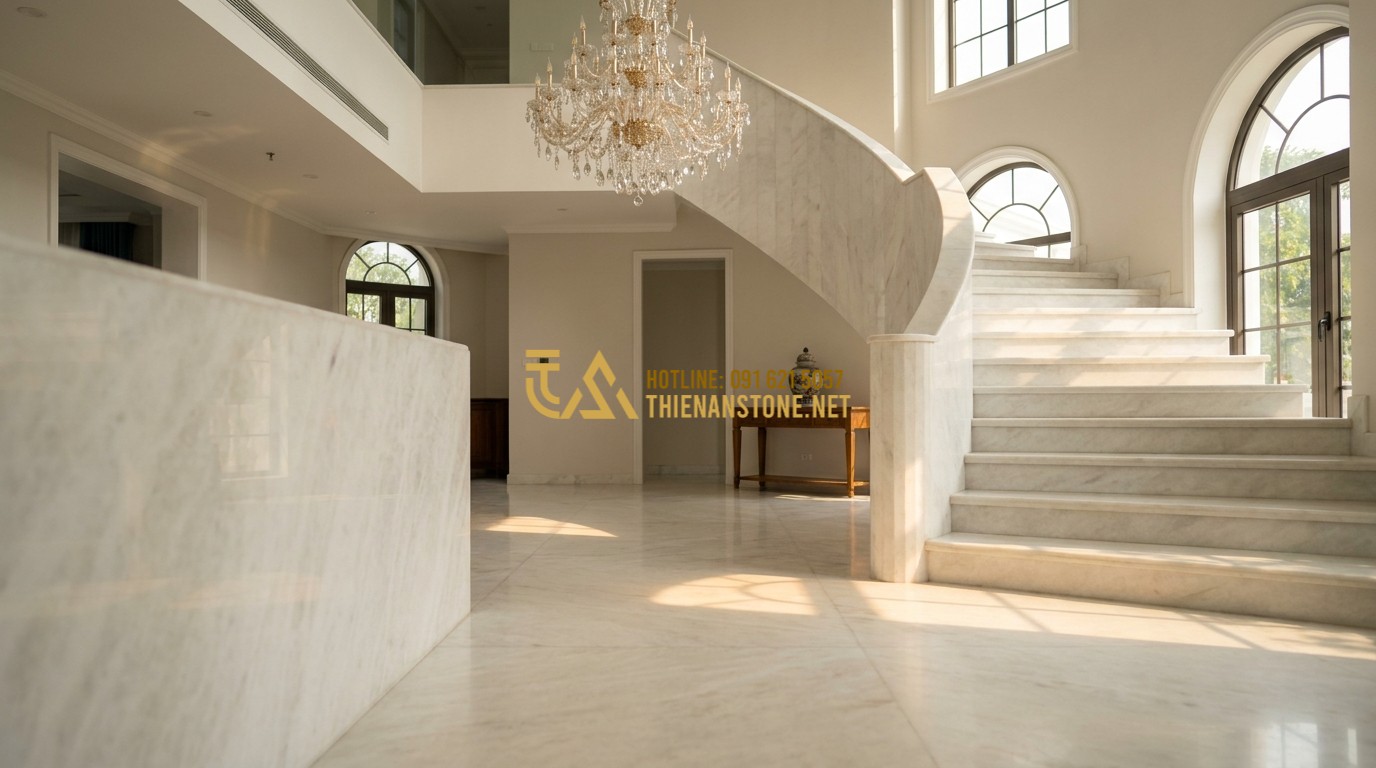 Tạo ảnh tiếng Anh: A grand villa foyer with white marble flooring and a matching marble staircase. The natural veins connect seamlessly across the floor. Large crystal chandelier, bright sunlight streaming in, luxury home interior design.