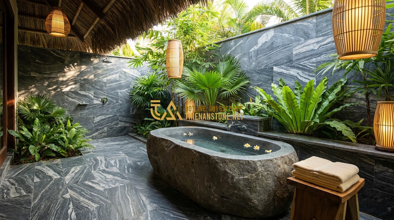 Tạo ảnh tiếng Anh: Outdoor bathroom in a tropical resort featuring dark basalt stone tiles on the floor and walls. A natural stone bathtub sits in the middle, surrounded by tropical plants and soft bamboo lighting. Zen-inspired design.