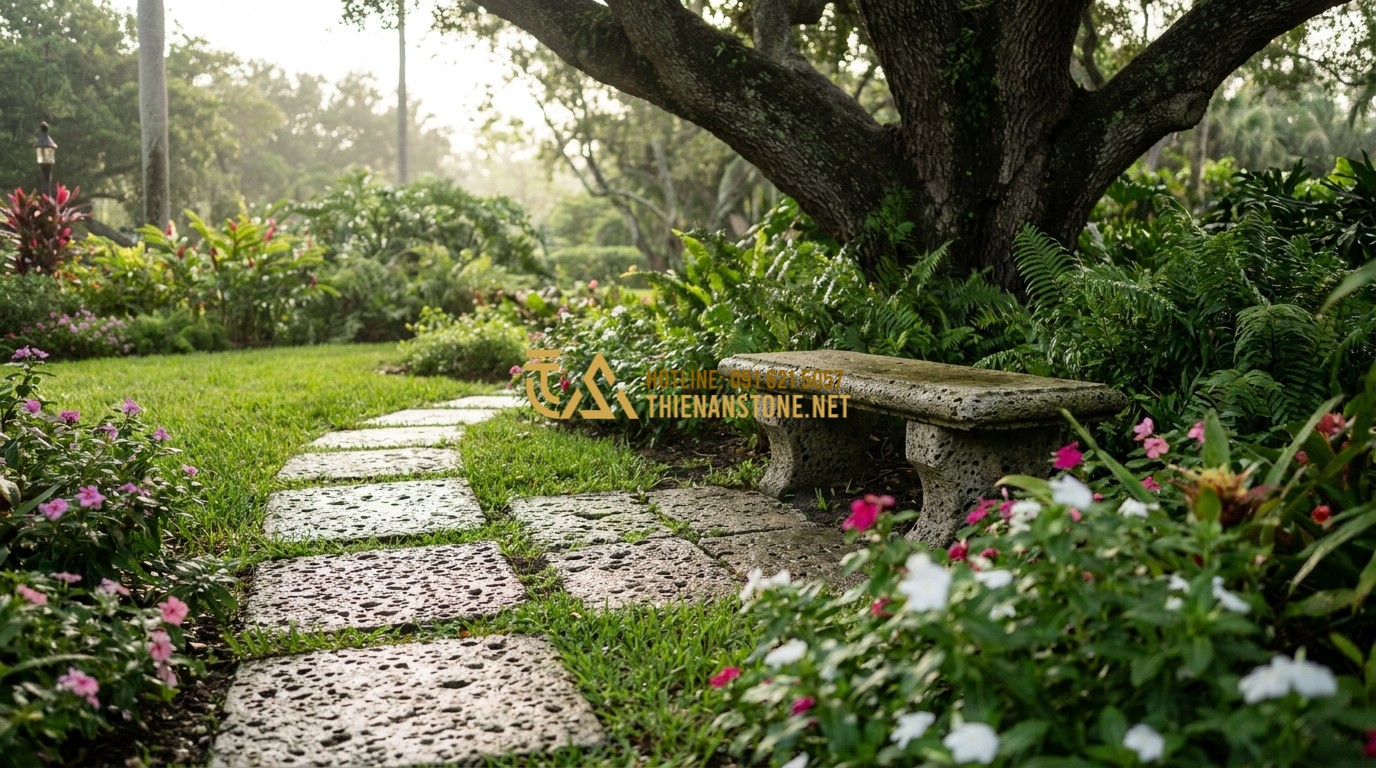 Tạo ảnh tiếng Anh: A beautiful garden path made of irregular natural stone pavers winding through lush green grass and blooming flowers. A stone bench sits nearby. Peaceful morning atmosphere, garden design inspiration.