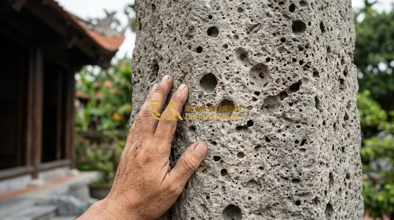 Tạo ảnh tiếng Anh: Detailed shot of a person's hand touching the rough, sturdy surface of a natural stone pillar. The focus is on the intricate minerals and toughness of the stone. Professional architectural detail photography.