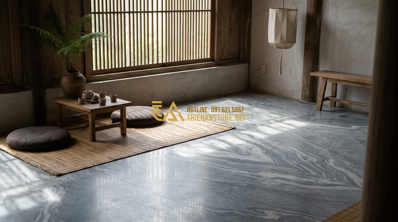 Tạo ảnh tiếng Anh: A serene interior scene of a Zen-style room with stone flooring. Sunlight creates soft patterns on the floor. A sense of calm and balance is conveyed through the natural materials and minimal decor.