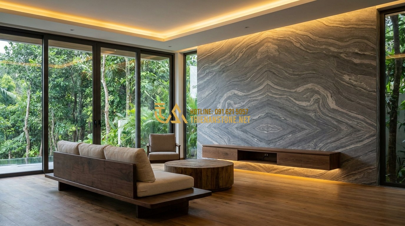 Tạo ảnh tiếng Anh: A luxurious living room with a large accent wall covered in dark natural slate stones. The room features minimalist wooden furniture, soft golden ambient lighting, and large glass windows overlooking a forest. The stone texture is rich and detailed, showcasing natural mineral veins, professional interior photography style.