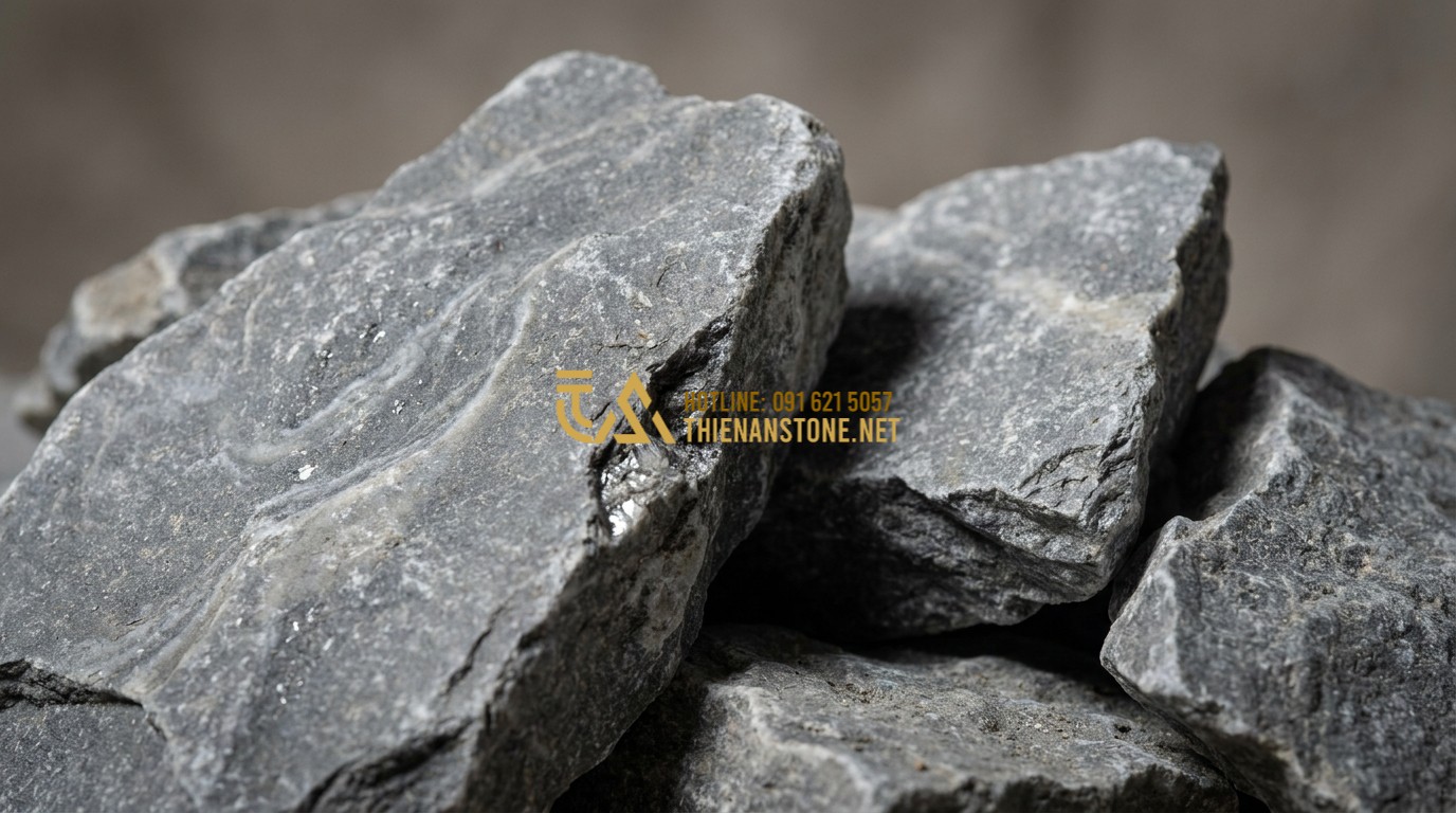 Tạo ảnh tiếng Anh: Close-up of hand-split natural stones in various shades of grey, yellow, and black. The texture is rugged and raw with sharp edges. Professional studio lighting emphasizes the mineral glints and the irregular surfaces of the stone pieces, high-quality material texture catalog style.