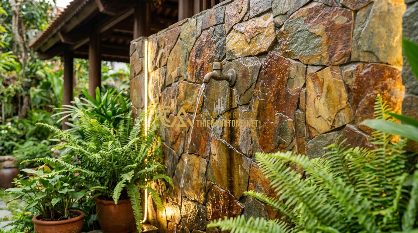 Tạo ảnh tiếng Anh: A garden feature wall made of multi-colored slate stones in varying sizes. The colors include rusty orange, deep blue, and charcoal grey. Water from a small wall fountain flows down the stone surface, creating a glistening effect. Surrounded by lush tropical ferns and soft outdoor lighting.